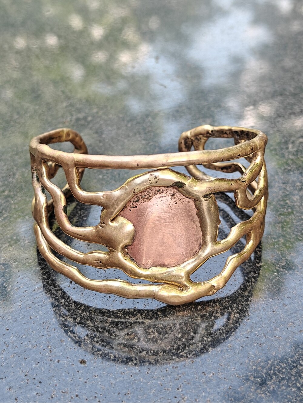 Vintage MCM Modernist Brutalist Brass And Copper Cuff Bracelet